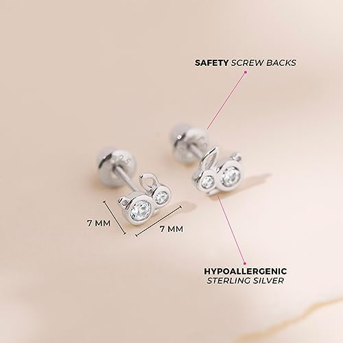 925 Sterling Silver Clear Cubic Zirconia Bunny Rabbit Safety Screw Back Earrings for Toddlers and Little Girls - Petite Studded Fun Animal Inspired Everyday Accessory4
