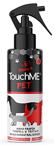 TouchME - berührungsaktiver Geruchsentferner & Textilerfrischer Spray | gegen Tiergeruch im Hundebett oder Katzenkörbchen | inkl. Fellpflege für Hunde, Katzen & Pferde | Pet Blue200ml (fruchtig)