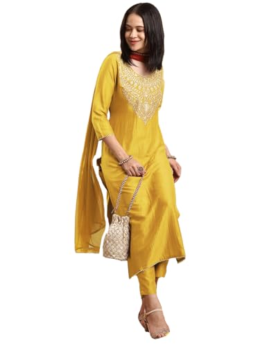Image of GoSriKi Women's Rayon Viscose Embroidered Straight Kurta with Pant & Dupatta