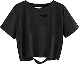 Avanova Women's Distressed Ripped Crop Top Short Sleeve Tee Casual Summer T Shirt Black 04 Small
