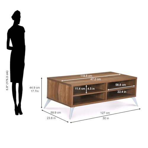 Image of Nilkamal Trixie Center Table | Wooden Coffee Table for Sofa Set | Tea Table with 1 Surface Top and 4 Shelves | Open Storage Organizer for Living Room, Office | Oak