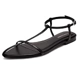 LOOPCHARM Women's Flat Sandals Pointed Open Toe T-Strap Comfortable Gladiator Summer Slide Strappy Sandals,Black Pu,8