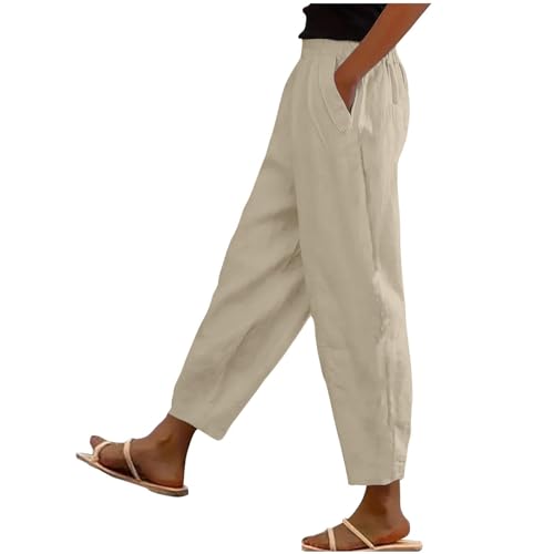 Beach Long Pants for Women High Waisted Elastic Casual Pant Casual Loose Lightweight Wide Leg Trousers with Pockets Beige