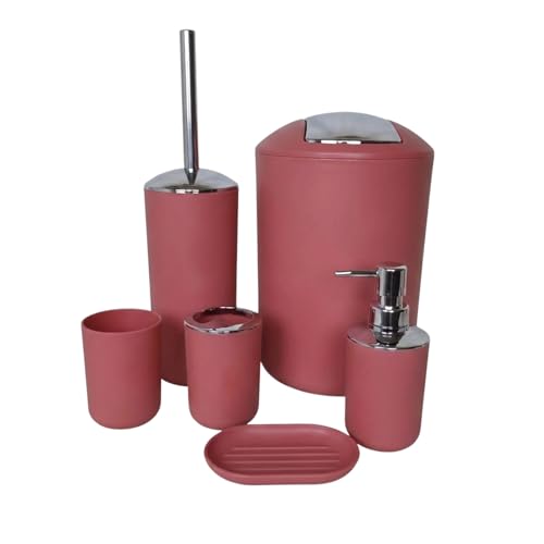 G.mütlich Badezimmer Set 6-teilig, Badaccessoires Komplettset Kunststoff, WC Garnitur mit Klobürste, Mülleimer, Zahnputzbecher, Seifenspender & Schale, Bad Zubehör Deko (Rot)