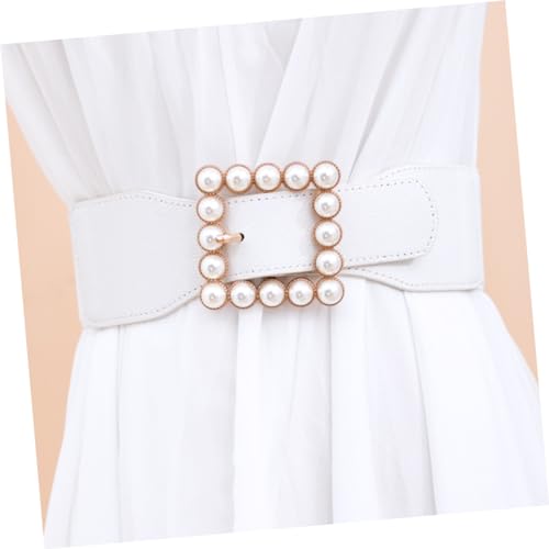 Elegant White Pearl Square Buckle Waist Corset Belt for Ladies Elastic Decorative Cummerbund Waistband with Alloy Buckle for Dresses Jeans Trousers and Skirts Accessory3