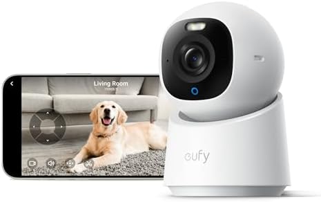 Photo of a happy dog being monitored by an indoor pet camera in a sunlit living room