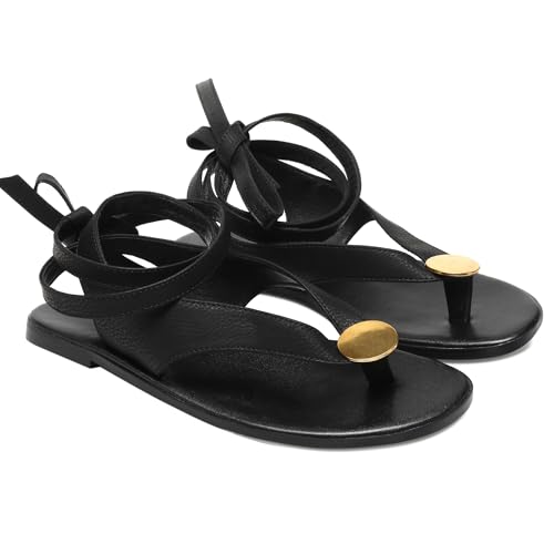 Strap Flip Flop Flat Sandals for Women with Metal Circular Ankle Strappy Ladies Fashion Cute Summer Thong Sandals Dressy.