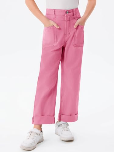 Haloumoning Girls Wide Leg Jeans Kids Fashion Elastic Waist Denim Pants with Pockets 5-14 Years3