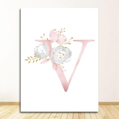 Toile lettre V fleurs art mural pour chambre de fille peinture décoration intérieure 80x110 cm