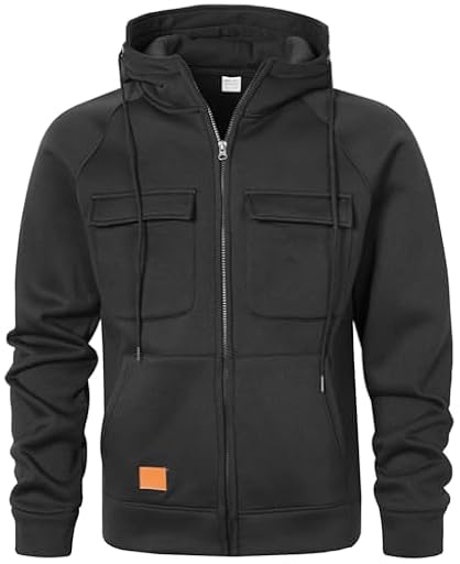 MEDUOLA Sudadera Cremallera Hombre con Capucha Invierno Chaqueta Cargo Manga Larga Múltiples Bolsillos Grueso Cálido para ​Deportes al Aire Libr (XXL,Negro) | Ya disponible en tu tienda friki favorita! En mundofriki.es!