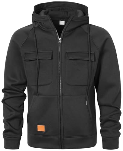 MEDUOLA Herren Kapuzenpullover Sweatshirt mit Reißverschluss Multifunktionelle Tasche Cardigan-JackeJogging Hoodie XL,Schwarz
