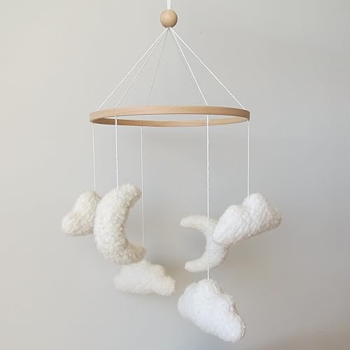 Image of Cloud Crib Mobile Cloud Baby Mobile for Crib Neutral Boho Moon and Clouds Mobile Neutral Nursery Décor Boucle Mobile