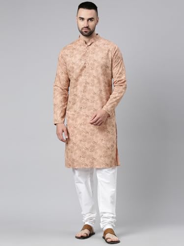 Image of Majestic Man Men's Cotton Regular Fit Casual Mandarin Collar Ethnic Motifs Printed Long Regular Kurta
