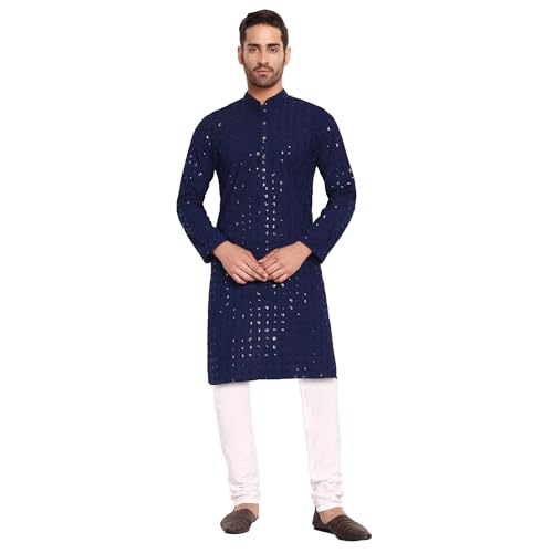 Image of Rayon Ethnic Wear Full Chikankari Sequin Embroidery Mirror Work Traditional Straight Kurta Pyjama Set for Men