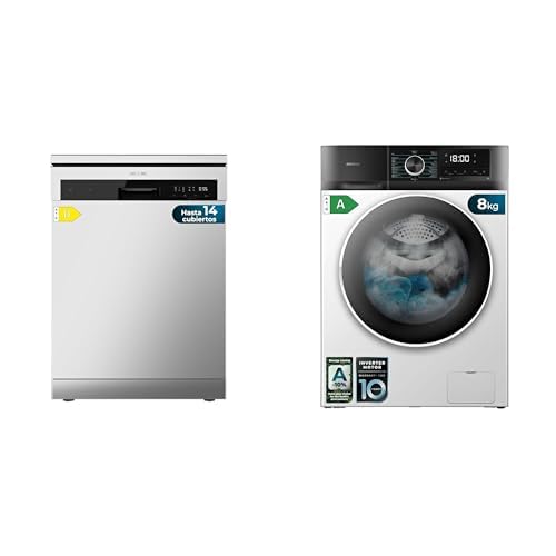 Cecotec Set Bolero: Lavavajillas 14 Cubiertos + Lavadora 8Kg Inverter A, Dual Zone Wash, Inox