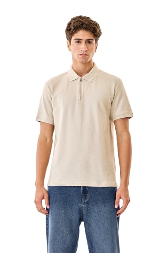 Image of SNITCH Men Polo T-Shirt | Modern Zip Closure & Textured Weave Design | 100% Cotton Breathable Fabric & Regular Fit Minimalist Style, Versatile Casual Wear