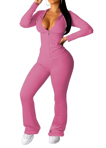 PINSV Women 2 Piece Outfits Workout Bodycon Tracksuit Long Sleeve Zip Up Hoodie Jacket Matching Flared Pants Sets Pink XXL