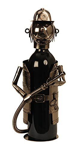 Moderner Wein Flaschenhalter Flaschenständer Feuerwehrmann aus Metall in Silber Höhe 21 cm
