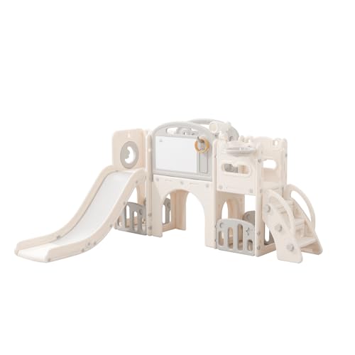 Lovgrils 11 in 1 Toddler Playset with Telescope Playground for Toddlers 1-3 Years Telescope and Slide Set Climber Basketball Hoop Tunnel Crawl Toys for Home Indoor Outdoor Playground (White)