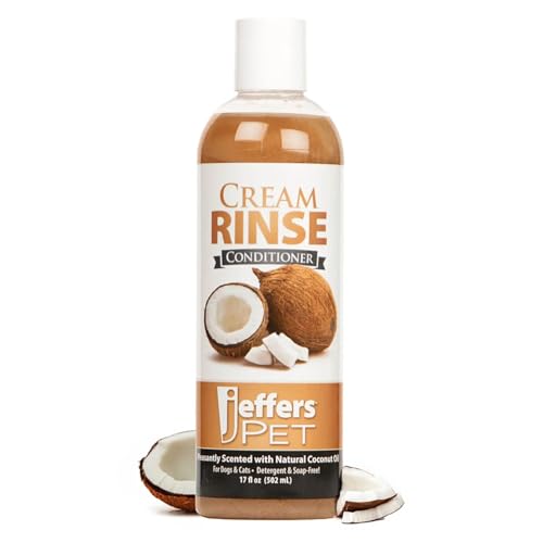 Jeffers Pet Cream Rinse 3 in 1 Conditioner – Moisturizing & Detangling Formula for Dogs & Cats, Coconut Oil Infused, Light Scent, Soap Free, Professional Grooming Made in USA – 17 oz