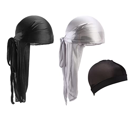 Quesuc 2 Pièces Durag Hommes Soie Silky Durag Respirant Doux Élastique Bandana Wave Cap Long Tail Headwraps avec 1 Wave Cap pour Hommes et Femmes, Waves (Noir, Argent) (noir et argent) Cover