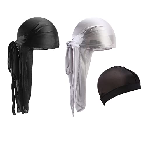 2 Pezzi Durag uomo Silky Durag Traspirante Morbido Elastico Bandana Wave Cap Copricapo a Coda Lunga con 1 Wave Cap per Uomini e Donne(Nero, Argento)