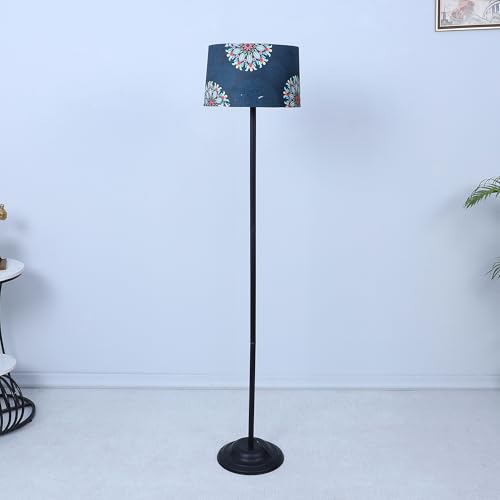 Image of tu casa Black Metal-Iron Base Foldable Floor Lamps with French Floral Print & Satin Shade for Bedroom, Living Room, Lounge, Office Area, Gifting Without Bulb for Home Decoration (Height - 53 inch)