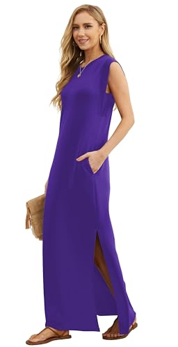 Image of GRECERELLE 2026 Women Year-Round Casual Round Neck Loose Split Wrinkle-Free Long Maxi Vacation Dress with Pockets (XXS-4XL)