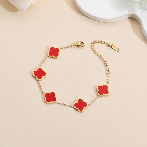 Image of AIPPK 18K Gold Plated Clover Lucky Bracelet for Women White /Black /Red /Green Flower Four Leaf Link Bracelets Trendy Jewelry Gifts for Women