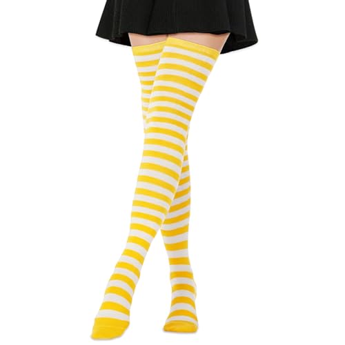 Image of AQOKKA Extra Long Thigh High Socks for Women Striped Over Knee Thigh Socks Long Boot Thigh High Stockings Leg Warmers