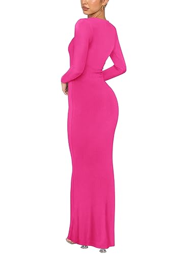 Image of REORIA Women's Sexy Crew Neck Lounge Long Dress Elegant Long Sleeve Ribbed Bodycon Maxi Dresses