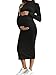 GORGLITTER Figurbetont Umstandskleid Damen Elegant Strickkleid Stehkragen Langarmkleid Midi Freizeitkleid Herbst Outfit Kleider für Schwangere Schwarz L