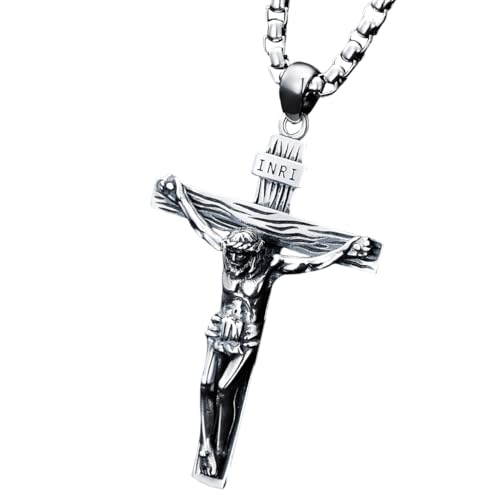 Crucifix Necklace for Men Sterling Silver Men’s Crucifix Cross Pendant with 22”+2” Stainless Steel Chain Gift for Men