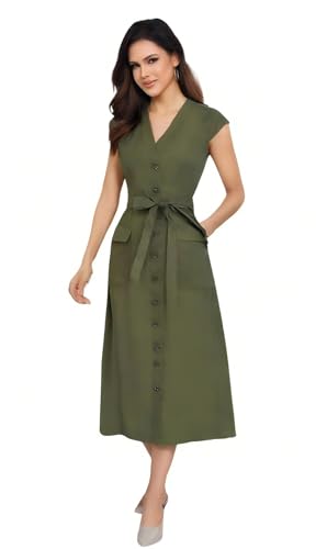 Image of DeftSharp Women's V Neck Workday Dresses Button Down Swing Midi Shirt Dress with Pockets