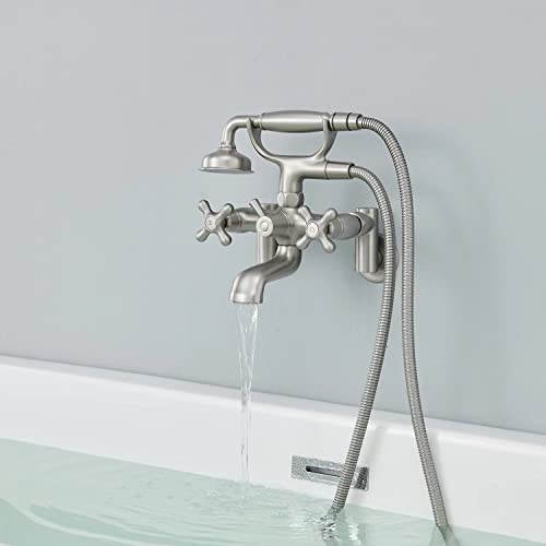 Grifería de Bañera Vintage Montada en Pared, Centro Ajustable, Níquel Cepillado | Diseño Vintage Teléfono, Montaje en Pared, Alto Flujo 8GPM, Latón Macizo, Válvula Anti Fugas, Centro Ajustable miniatura 5