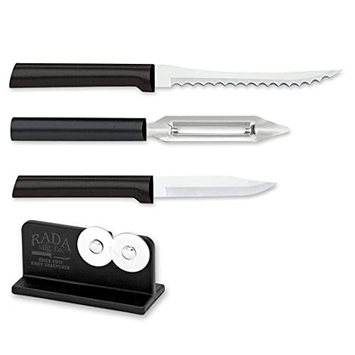 Rada Cutlery Top Sellerâ€™s Kit Knives â€“ Includes Paring, Tomato Slicer, Vegetable Peeler Stainless Steel Plus Quick Edge Knife Sharpener, Black Resin Handles