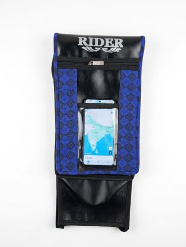 Image of Universal Bike Fuel Tank Bag with Clear Mobile Touch Pocket & Dual Zip | Rexine Leather Tank Cover Compatible with Splendor, Shine, SP 125, Pulsar, Platina, Glamour, Unicorn, Raider (Blue & Black)
