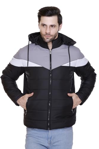 Image of Men's Navy Blue and Grey Hooded Puffer Jacket, Quilted, Zip Front