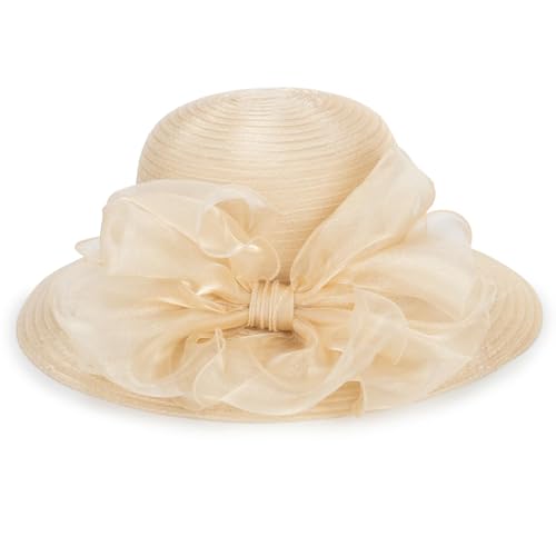 MUGANYI Women Kentucky Organza Derby Hat - Bridal Wedding Church Tea Party Wide Brim Summer Sun Cap Medium Champagne-bowknot