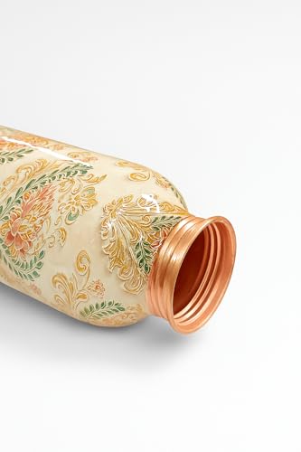Image of Designer Copper Water Bottle 900ml with Floral Vintage Print, Leakproof Golden Cap, Ayurvedic Drinking Bottle for Healthy Water Storage, Reusable Copper Bottle for Home, Office, Gym & Travel