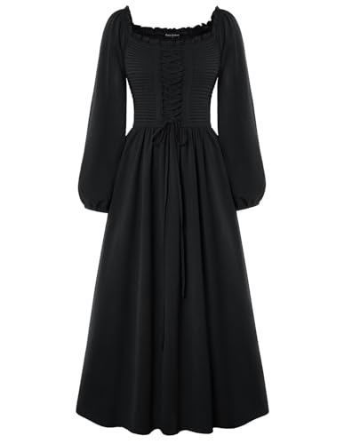 Damen Viktorianische Corsagenkleid Rockabilly Laternenärmel Swing Kleid Schwarz S