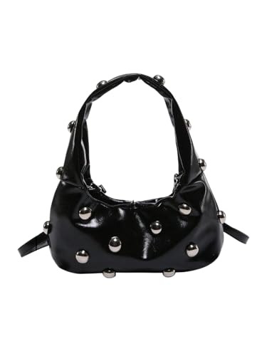 Verdusa Women's Studded Leather Shoulder Handbags Y2k Punk Top Handle Crescent Crossbody Bags