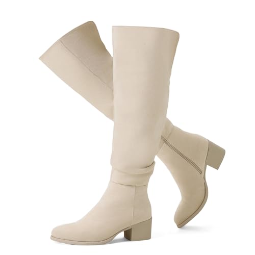Shoe'N Tale Women's Over The Knee Thigh High Boots Chunky Block Heel Pointed Toe Slouchy Side Zipper Fall Weather Winter Boots(8,Beige)