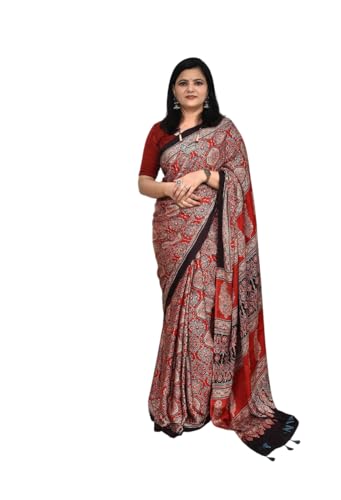 Image of SATIKA VASTRAM Modal Silk Ajrakh Saree Bandhani Design Crepe Printed Designer Pallu Attach Blouse Piece