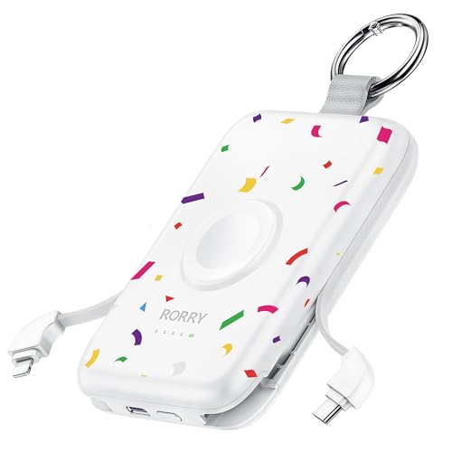 Image of RORRY CharmGo Portable Charger, 10000mAh 20W Fast Charging Portable Charger Power Bank with Built in Cables, Travel Battery Pack for iPhone 17 /16 /15 /14 /13 /12 and Apple Watch, Confetti-White