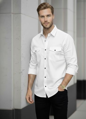 Image of DEELMO Men's Classic Cotton Blend Slim Fit Shirt || Full Sleeve Button-Down Casual Shirt with Dual Flap Pockets || Soft Breathable Fabric || Ideal for Office Party and Everyday Wear