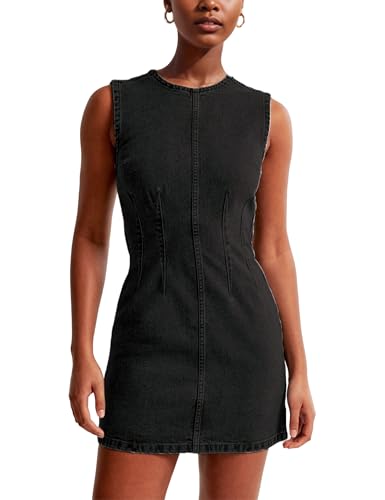 Image of Daacee Women's Sleeveless Bodycon Denim Mini Dress Sleeveless Waist Tucks Zipper Short Tank Jean Dresses Concert Outfits