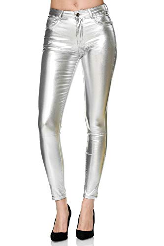 EGOMAXX Femmes Pantalon de Argent Taille Haute Forme Extensible, Couleurs:Argent, Taille:36 Cover