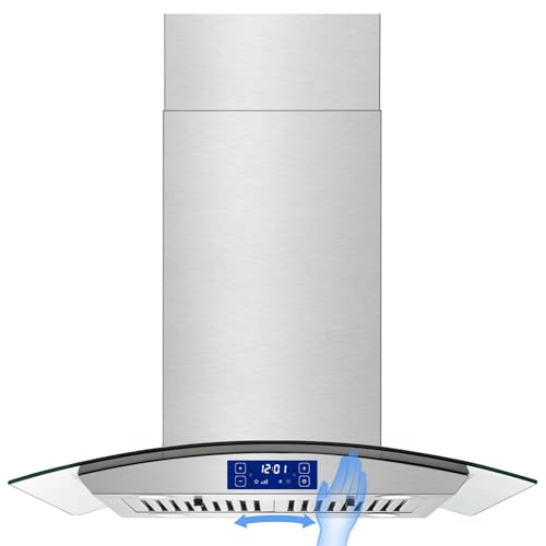 JOEAONZ Island Range Hood 30 Inch 700 CFM Gesture & Touch Control Ceiling Mount Stainless Steel Kitchen Vent Hood, Kitchen Exhaust Hood, Ducted/Ductless Convertible 3-speed Ventilation Fan Switchable