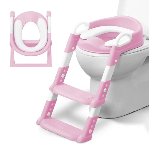 KIDOOLA Adjustable Potty Ladder Seat for Toilet Training with Steps, Handle & Soft Cushion Design Non Slip & Space Efficient Toddlers & Children Unisex Foldable & Easy Assembly Splash Guard Included